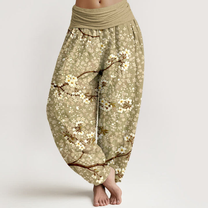 Buddha Stones Spodnie damskie typu harem z elastycznej talii z bawełny w białe kwiaty - Ciemny Khaki - US16, UK/AU20, EU48 (3XL) - image 8