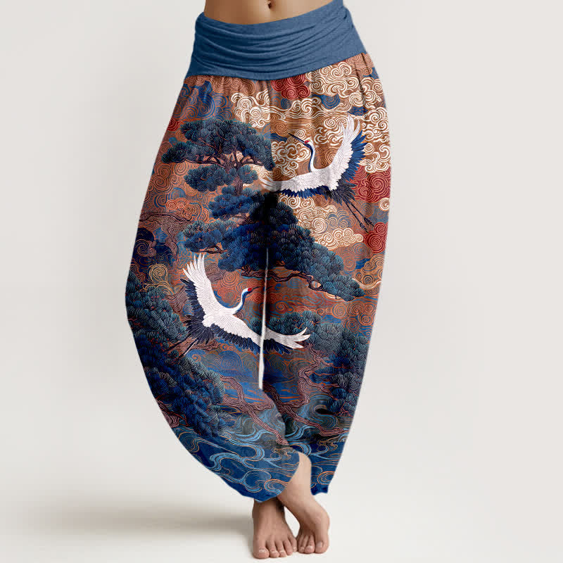 Buddha Stones Spodnie damskie typu harem z bawełny z wzorem fal żurawia i sosny - Marynarka wojenna - US16, UK/AU20, EU48 (3XL) - image 5