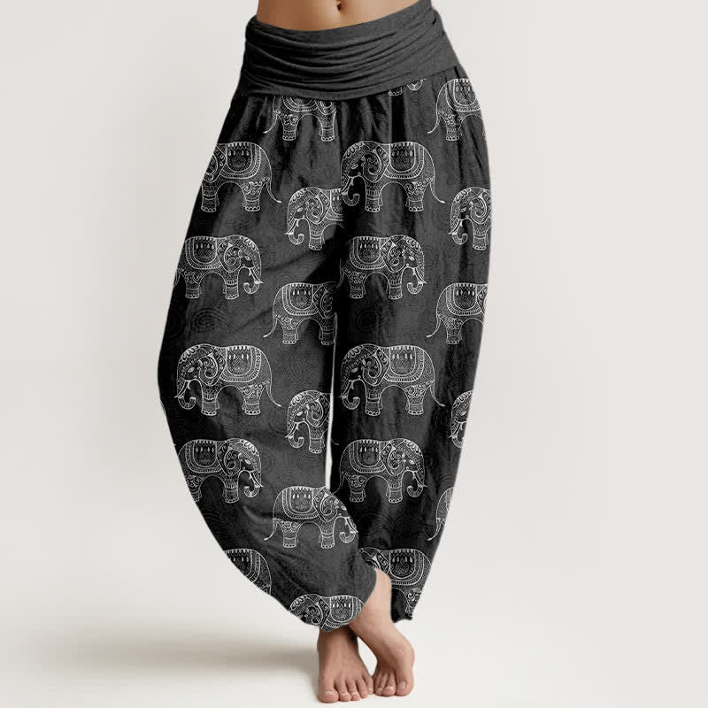 Buddha Stones Spodnie damskie haremowe z bawełny z wzorem białego słonia i elastyczną talią - DimGray - US16, UK/AU20, EU48 (3XL) - image 8