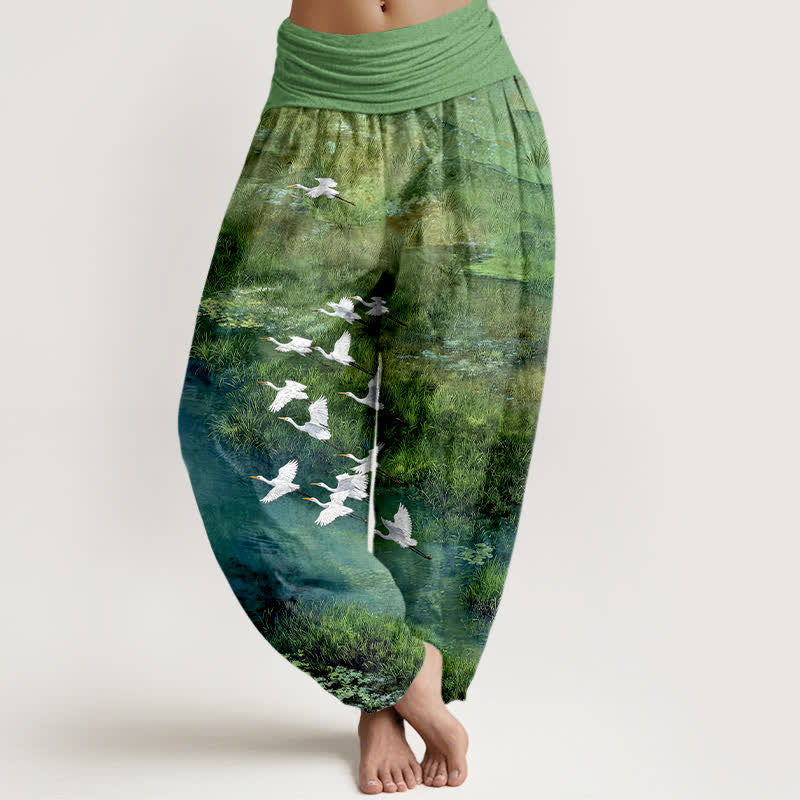 Buddha Stones Spodnie damskie typu harem z elastyczną talią i wzorem „Latający ptak” Cotton Forest Lake - LimeGreen - US16, UK/AU20, EU48 (3XL) - image 0