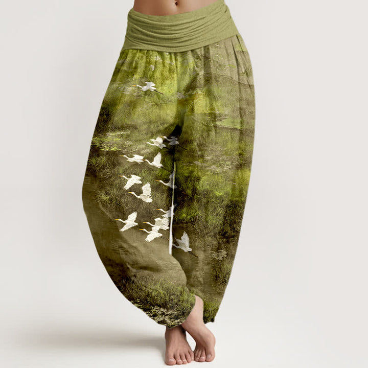 Buddha Stones Spodnie damskie typu harem z elastyczną talią i wzorem „Latający ptak” Cotton Forest Lake - Żółtozielony - US16, UK/AU20, EU48 (3XL) - image 5