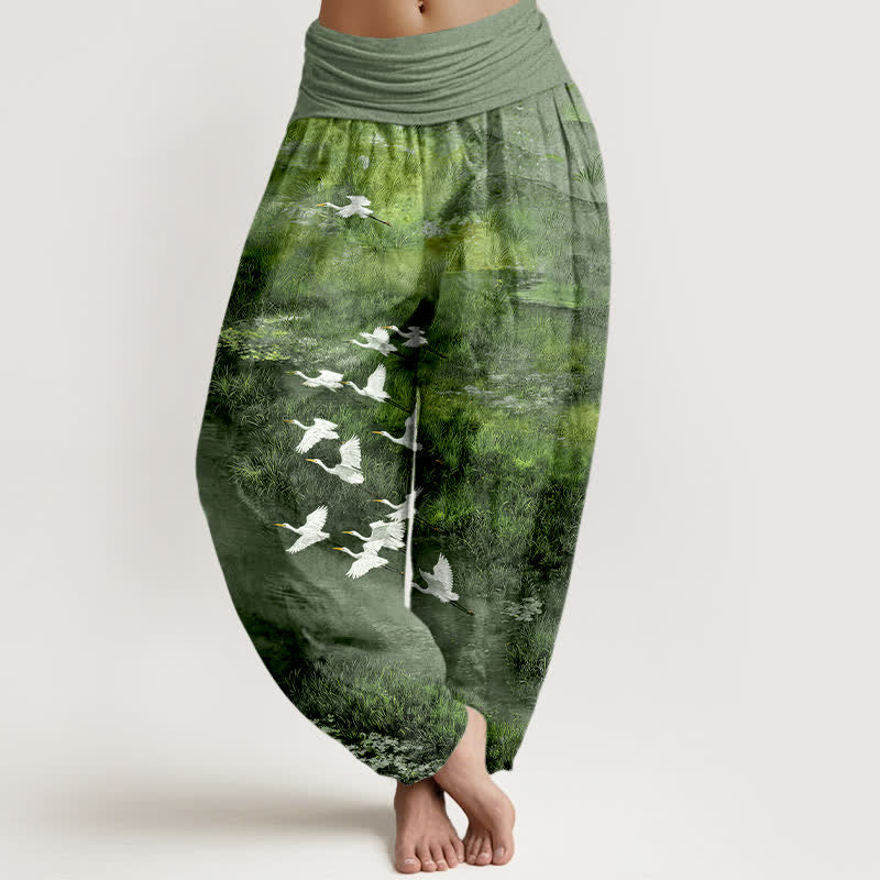 Buddha Stones Spodnie damskie typu harem z elastyczną talią i wzorem „Latający ptak” Cotton Forest Lake - DarkSeaGreen - US16, UK/AU20, EU48 (3XL) - image 8