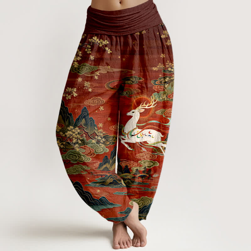 Buddha Stones Spodnie damskie typu harem z elastycznej talii i wzorem w białe jelenie - Kasztanowaty - US16, UK/AU20, EU48 (3XL) - image 0