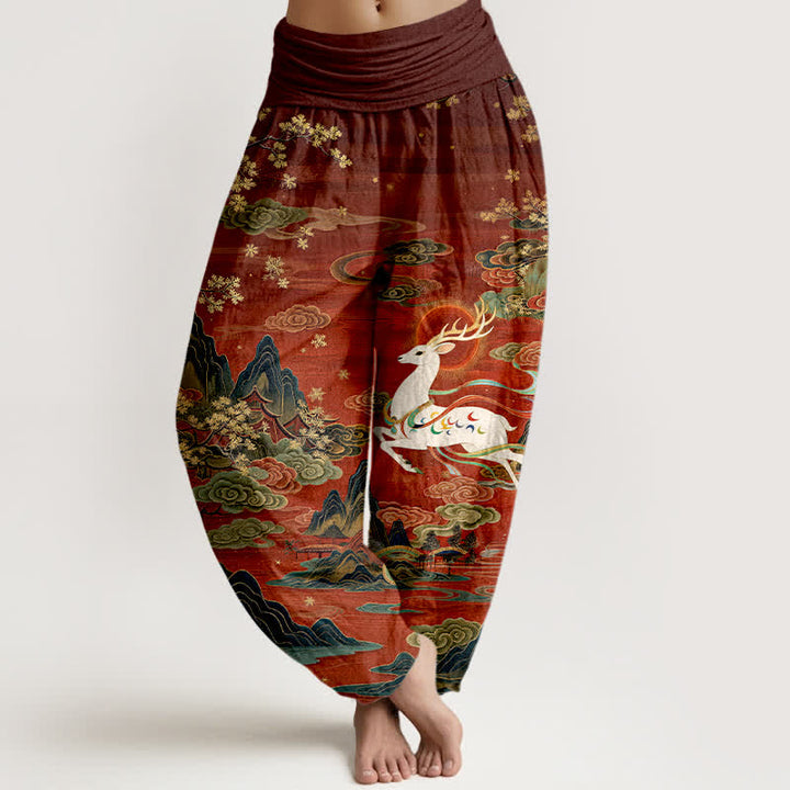Buddha Stones Spodnie damskie typu harem z elastycznej talii i wzorem w białe jelenie - Kasztanowaty - US16, UK/AU20, EU48 (3XL) - image 0