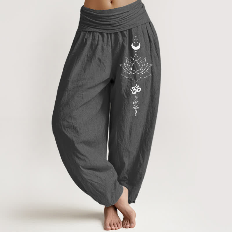 Buddha Stones Spodnie haremki damskie z elastyczną talią i wzorem Lotus Moon Om z czystej bawełny - DimGray - US16, UK/AU20, EU48 (3XL) - image 11