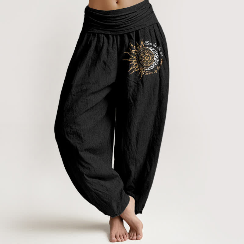 Buddha Stones Spodnie damskie haremowe z elastycznej talii z czystej bawełny, wzór słońce-księżyc, mandala - Czarny - US16, UK/AU20, EU48 (3XL) - image 0