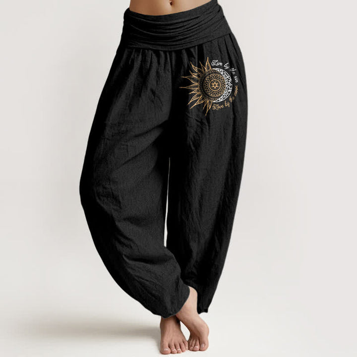Buddha Stones Spodnie damskie haremowe z elastycznej talii z czystej bawełny, wzór słońce-księżyc, mandala - Czarny - US16, UK/AU20, EU48 (3XL) - image 0