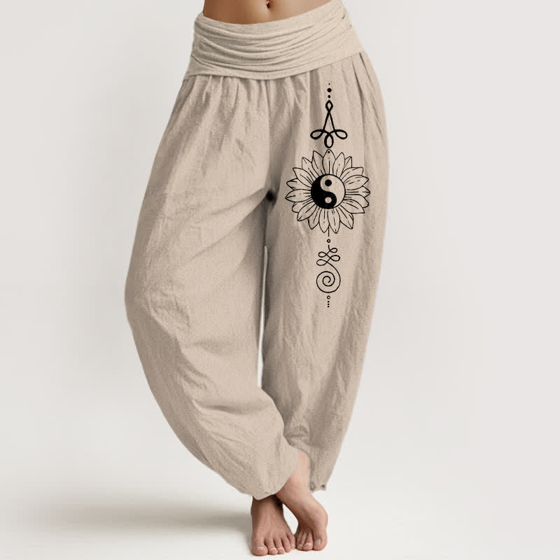 Buddha Stones Spodnie haremowe damskie z elastycznej talii z czystej bawełny w słonecznikowy wzór Yin Yang - Dębnik - US16, UK/AU20, EU48 (3XL) - image 0