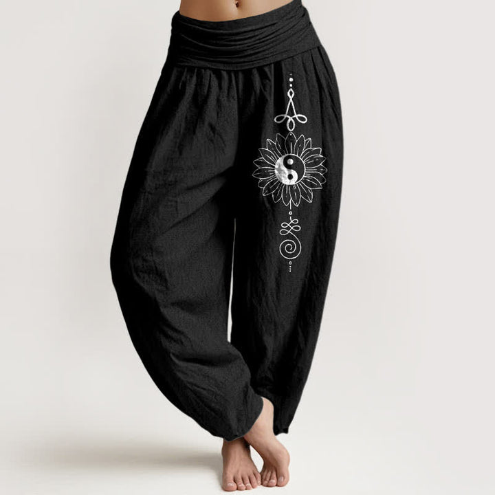 Buddha Stones Spodnie haremowe damskie z elastycznej talii z czystej bawełny w słonecznikowy wzór Yin Yang - Czarny - US16, UK/AU20, EU48 (3XL) - image 5