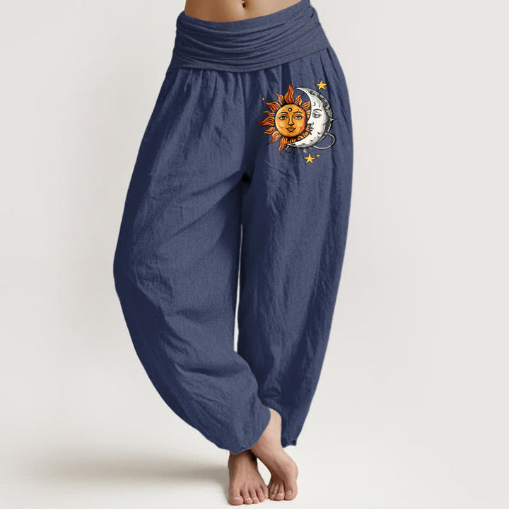 Buddha Stones Spodnie damskie typu harem z elastycznej talii z motywem słońca i księżyca z czystej bawełny - DarkSlateBlue - US16, UK/AU20, EU48 (3XL) - image 5