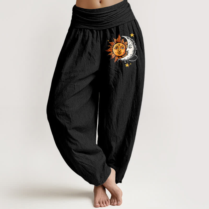 Buddha Stones Spodnie damskie typu harem z elastycznej talii z motywem słońca i księżyca z czystej bawełny - Czarny - US16, UK/AU20, EU48 (3XL) - image 0