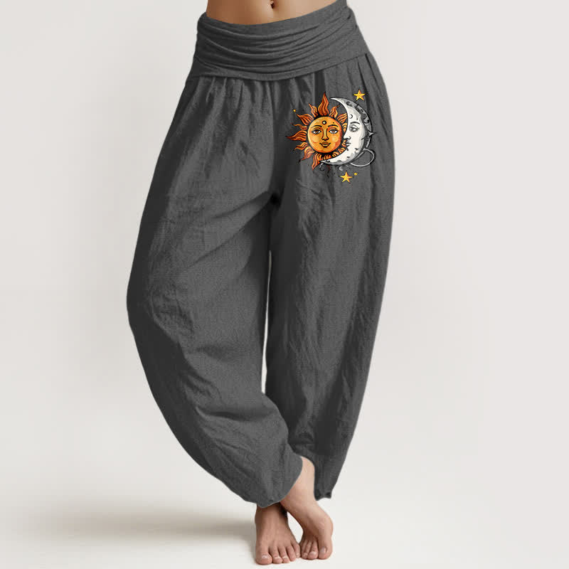 Buddha Stones Spodnie damskie typu harem z elastycznej talii z motywem słońca i księżyca z czystej bawełny - DimGray - US16, UK/AU20, EU48 (3XL) - image 8