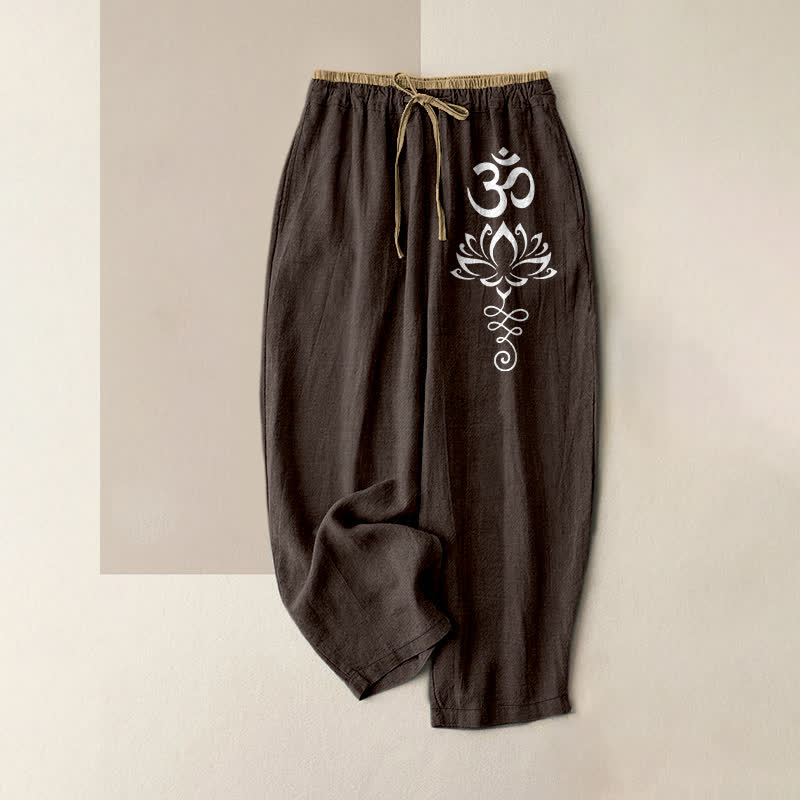 Buddha Stones Spodnie damskie z elastycznej talii z kieszeniami, z czystej bawełny, wzór Zen Lotus Om - SaddleBrown - US16, UK/AU20, EU48 (3XL) - image 0