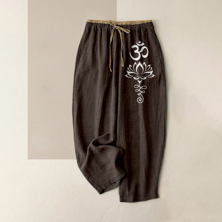 Buddha Stones Spodnie damskie z elastycznej talii z kieszeniami, z czystej bawełny, wzór Zen Lotus Om - SaddleBrown - US16, UK/AU20, EU48 (3XL) - image 0