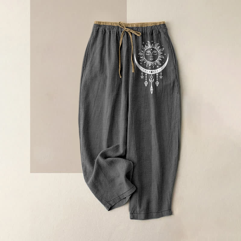 Buddha Stones Spodnie damskie z elastyczną talią i kieszeniami, z czystej bawełny, wzór Celestial Sun Moon - DimGray - US16, UK/AU20, EU48 (3XL) - image 0