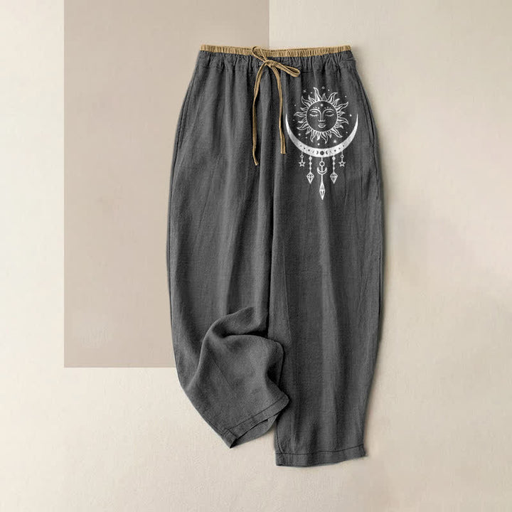 Buddha Stones Spodnie damskie z elastyczną talią i kieszeniami, z czystej bawełny, wzór Celestial Sun Moon - DimGray - US16, UK/AU20, EU48 (3XL) - image 0