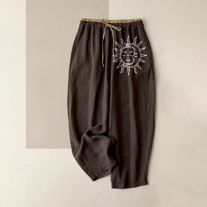 Buddha Stones Spodnie damskie z elastycznej talii z kieszeniami, z czystej bawełny, z motywem niebiańskiego słońca - SaddleBrown - US16, UK/AU20, EU48 (3XL) - image 4