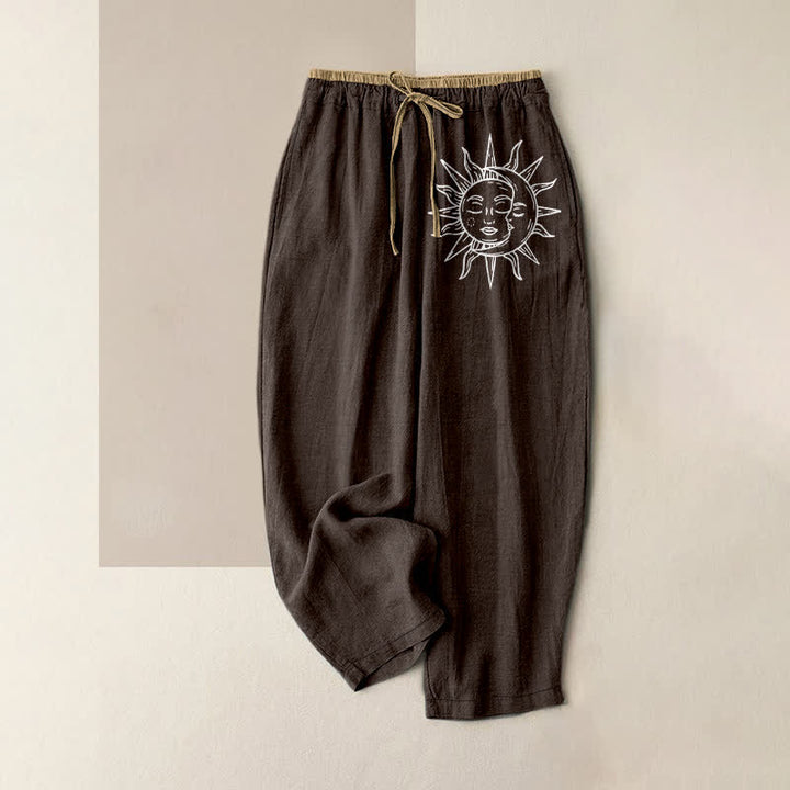 Buddha Stones Spodnie damskie z elastycznej talii z kieszeniami, z czystej bawełny, z motywem niebiańskiego słońca - SaddleBrown - US16, UK/AU20, EU48 (3XL) - image 4