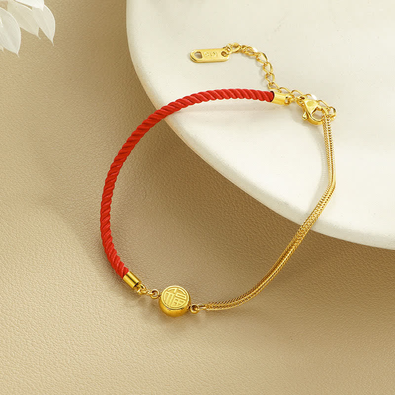 Buddha Stones Bransoletka na kostkę z tytanowej stali Fu Character Red String Blessing Braided - image 1