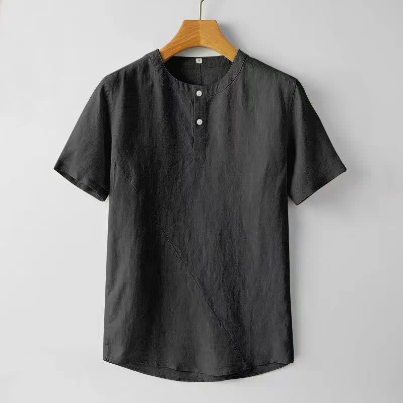 Koszula męska z krótkim rękawem i dwoma guzikami, w jednolitym kolorze, z poliestru i lnu, z motywem kamieni Buddha Stones - Czarny - US/UK/AU44， EU54 (4XL) - image 3