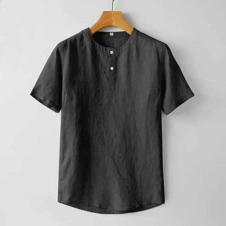 Koszula męska z krótkim rękawem i dwoma guzikami, w jednolitym kolorze, z poliestru i lnu, z motywem kamieni Buddha Stones - Czarny - US/UK/AU44， EU54 (4XL) - image 3