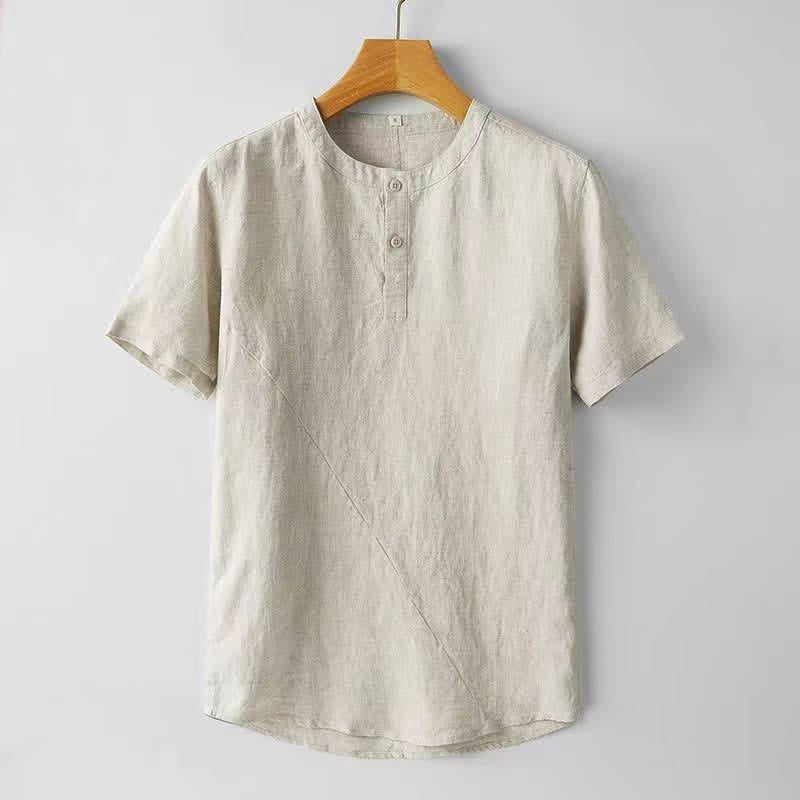 Koszula męska z krótkim rękawem i dwoma guzikami, w jednolitym kolorze, z poliestru i lnu, z motywem kamieni Buddha Stones - Beżowy - US/UK/AU44， EU54 (4XL) - image 4