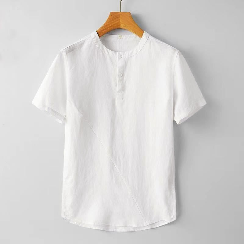 Koszula męska z krótkim rękawem i dwoma guzikami, w jednolitym kolorze, z poliestru i lnu, z motywem kamieni Buddha Stones - Biały - US/UK/AU44， EU54 (4XL) - image 1