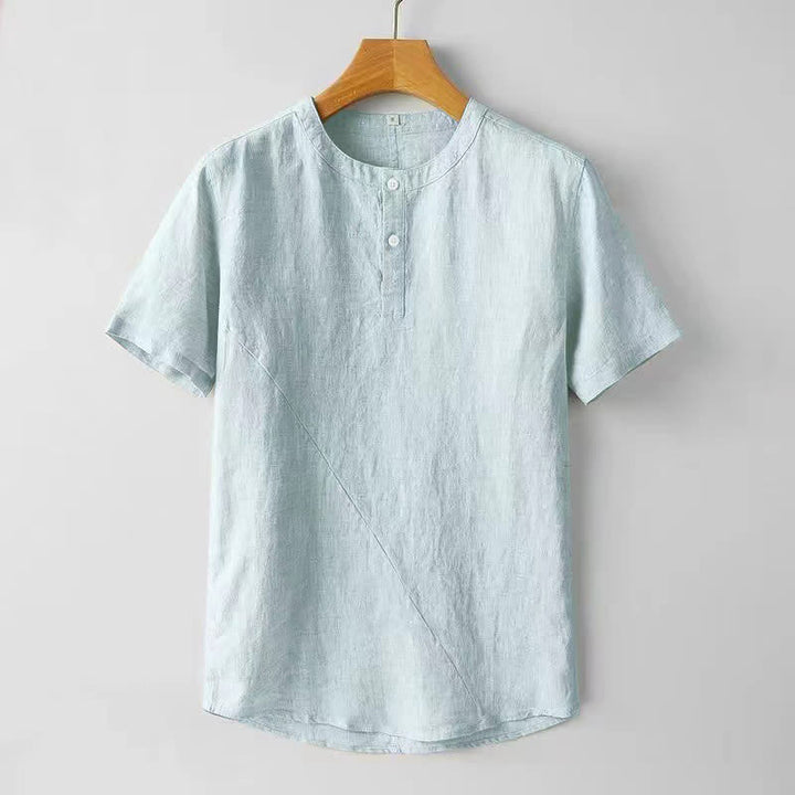 Koszula męska z krótkim rękawem i dwoma guzikami, w jednolitym kolorze, z poliestru i lnu, z motywem kamieni Buddha Stones - PaleTurquoise - US/UK/AU44， EU54 (4XL) - image 7