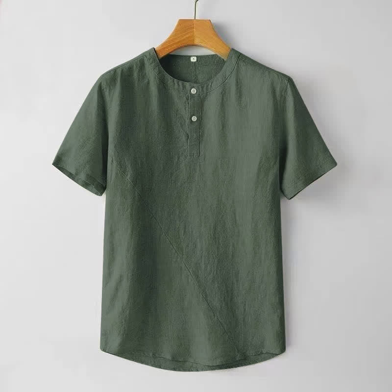 Koszula męska z krótkim rękawem i dwoma guzikami, w jednolitym kolorze, z poliestru i lnu, z motywem kamieni Buddha Stones - Oliwka - US/UK/AU44， EU54 (4XL) - image 8