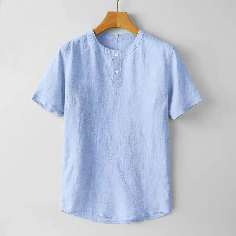 Koszula męska z krótkim rękawem i dwoma guzikami, w jednolitym kolorze, z poliestru i lnu, z motywem kamieni Buddha Stones - LightSkyBlue - US/UK/AU44， EU54 (4XL) - image 6