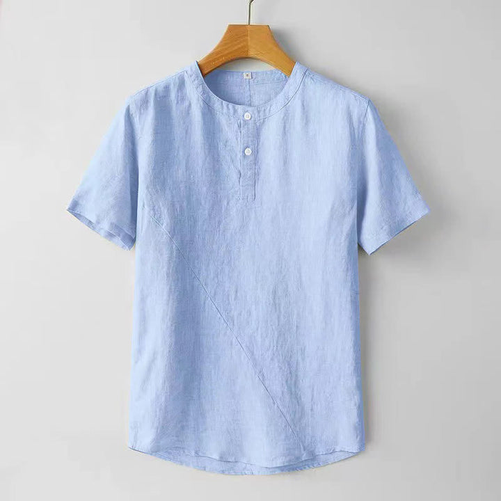 Koszula męska z krótkim rękawem i dwoma guzikami, w jednolitym kolorze, z poliestru i lnu, z motywem kamieni Buddha Stones - LightSkyBlue - US/UK/AU44， EU54 (4XL) - image 6