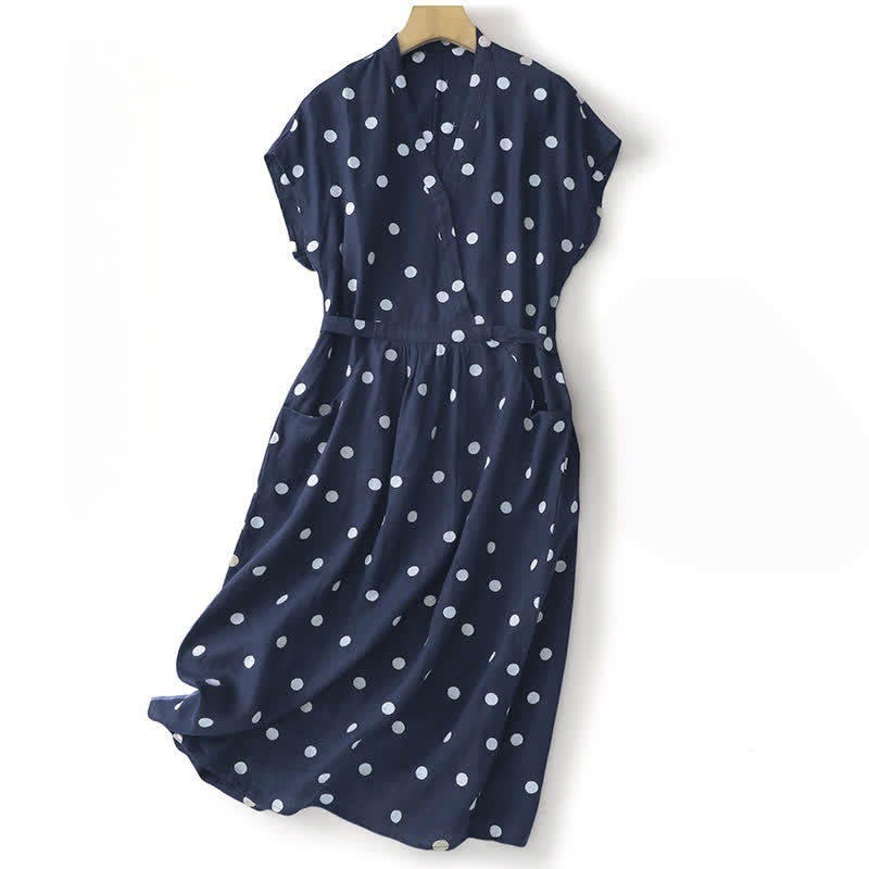 Sukienka midi damska z koronką i kieszeniami, z dekoltem w serek i motywem Buddha Stones w groszki - Marynarka wojenna - US8-10，UK/AU12-14，EU40-42 (2XL) - image 0