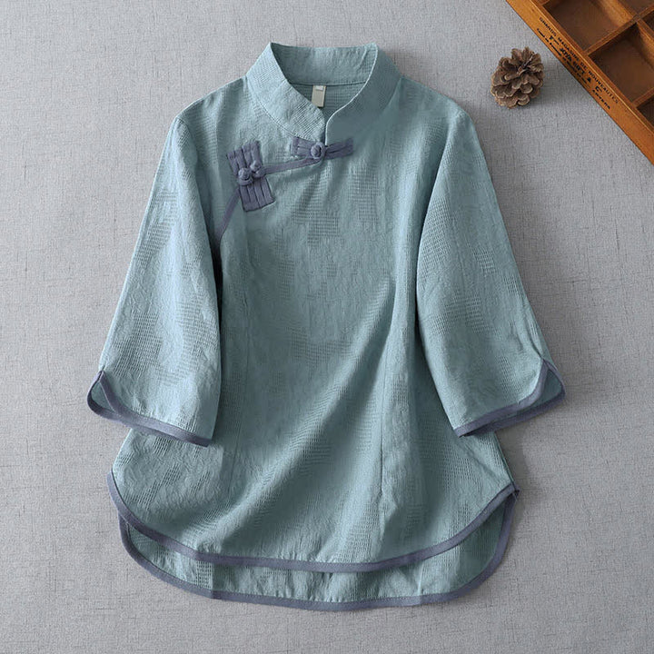 Buddha Stones Letnie koszule damskie w minimalistycznym stylu Tang z krótkim rękawem i kołnierzykiem typu stójka i guzikami typu żaba - PowderBlue - US12, UK/AU16, EU44 (3XL) - image 6
