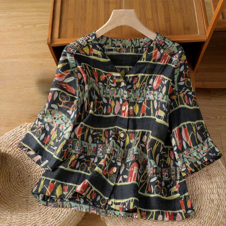 Koszula damska z poliestru z nadrukiem "Buddha Stones" z dekoltem w serek i guzikami, z rękawem trzy czwarte - Czarny - US14, UK/AU18, EU46 (2XL) - image 9