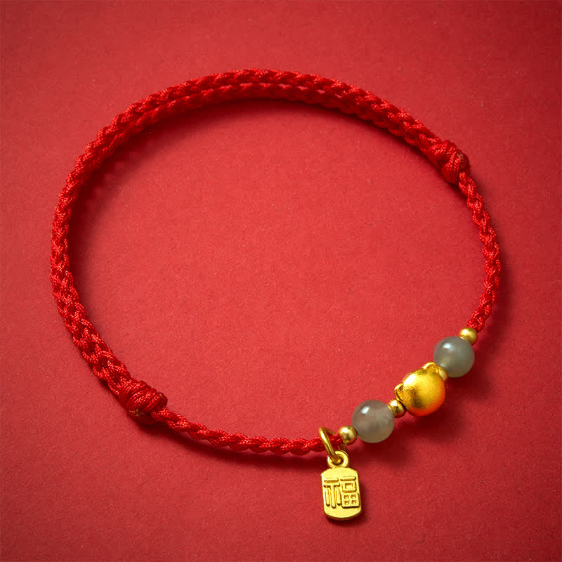 Buddha Stones Bransoletka z czerwonego sznurka z miedzianym kotem i jadeitem Fu z Hetian - image 1