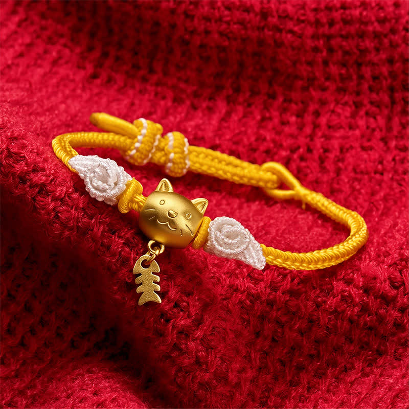 Buddha Stones Bransoletka z żółtego sznurka z motywem ryby miedzianej i bogactwa - image 3