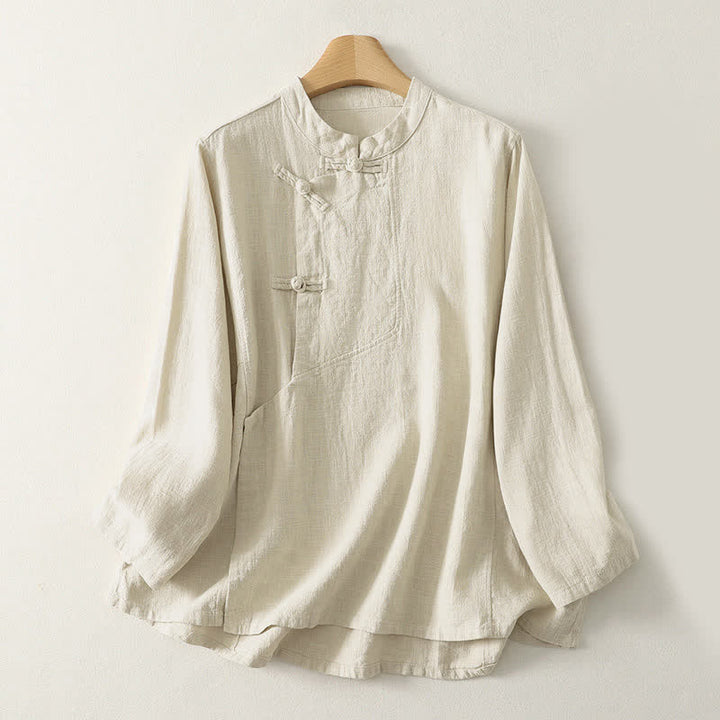 Koszula damska z długim rękawem „Buddha Stones” w stylu casual, prosta, z guzikami w kształcie żaby - Beżowy - US8-10，UK/AU12-14，EU40-42 (2XL) - image 6