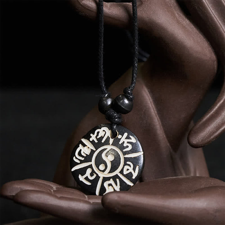 Buddha Stones Ręcznie rzeźbiony naszyjnik z koralików kostnych Om Mani Padme Hum Yin Yang Protection - image 1