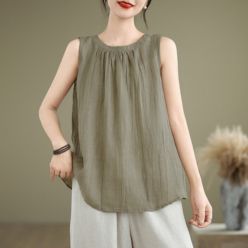 Kamizelka damska bez rękawów z okrągłym dekoltem i Buddha Stones, letnia, z marszczeniami, prosta w kroju - Ciemny Khaki - US8-10，UK/AU12-14，EU40-42 (2XL) - image 0