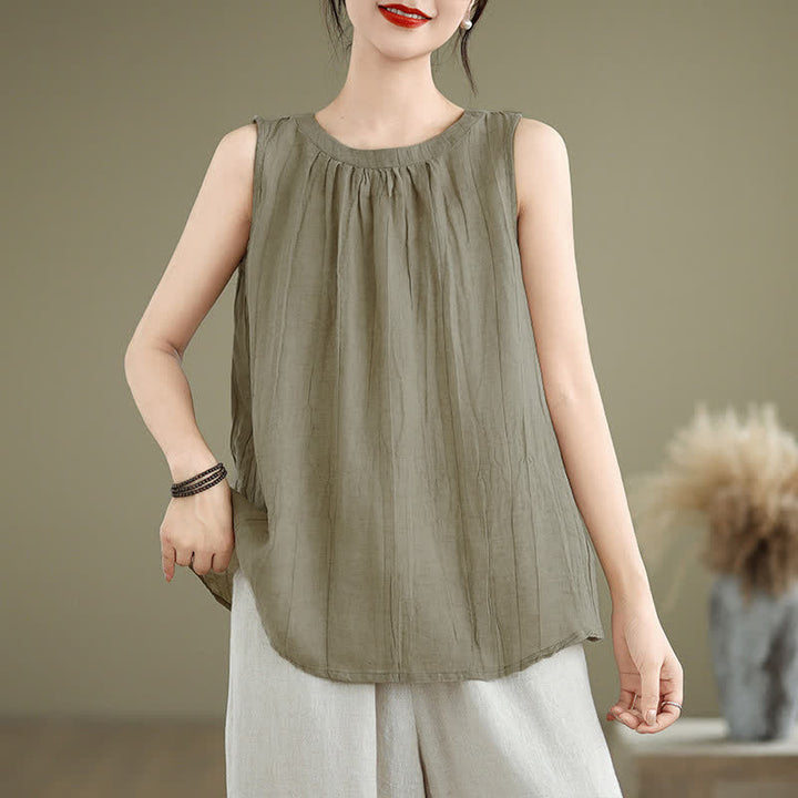 Kamizelka damska bez rękawów z okrągłym dekoltem i Buddha Stones, letnia, z marszczeniami, prosta w kroju - Ciemny Khaki - US8-10，UK/AU12-14，EU40-42 (2XL) - image 0