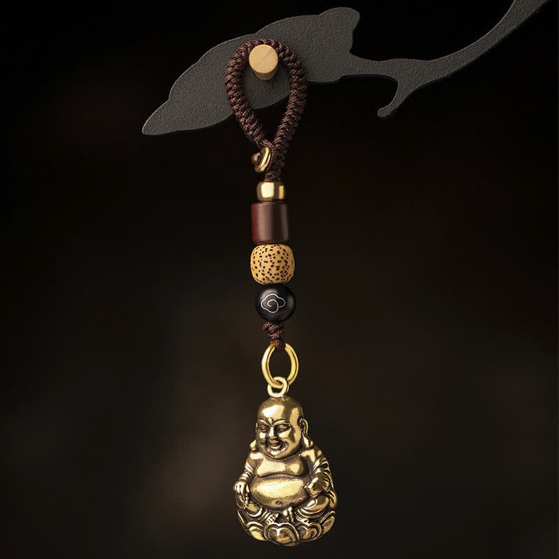 Buddha Stones Mosiężne plecione breloki z motywem Śmiejącego się Buddy, zapewniającego szczęście - Śmiejący się Budda z liną (rozmiar wisiorka: 33*22*0,8 mm) - image 0
