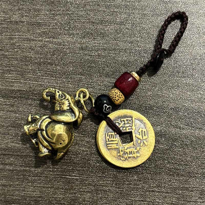 Buddha Stones Breloczki do kluczy z mosiądzu w kształcie pięciu monet cesarskich z motywem słonia - Słoń z pomyślnym sznurem chmur i pięcioma monetami cesarskimi - image 4