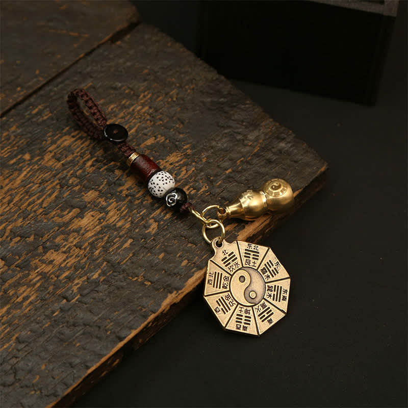 Buddha Stones Zabytkowy mosiężny wisiorek Bagua Pi Xiu z pięcioma monetami cesarza, breloki ochronne Yin Yang - Płytka Bagua i tykwa - image 2