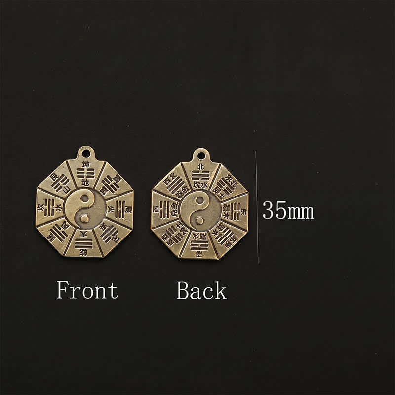 Buddha Stones Zabytkowy mosiężny wisiorek Bagua Pi Xiu z pięcioma monetami cesarza, breloki ochronne Yin Yang - image 14