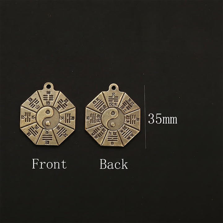 Buddha Stones Zabytkowy mosiężny wisiorek Bagua Pi Xiu z pięcioma monetami cesarza, breloki ochronne Yin Yang - image 14