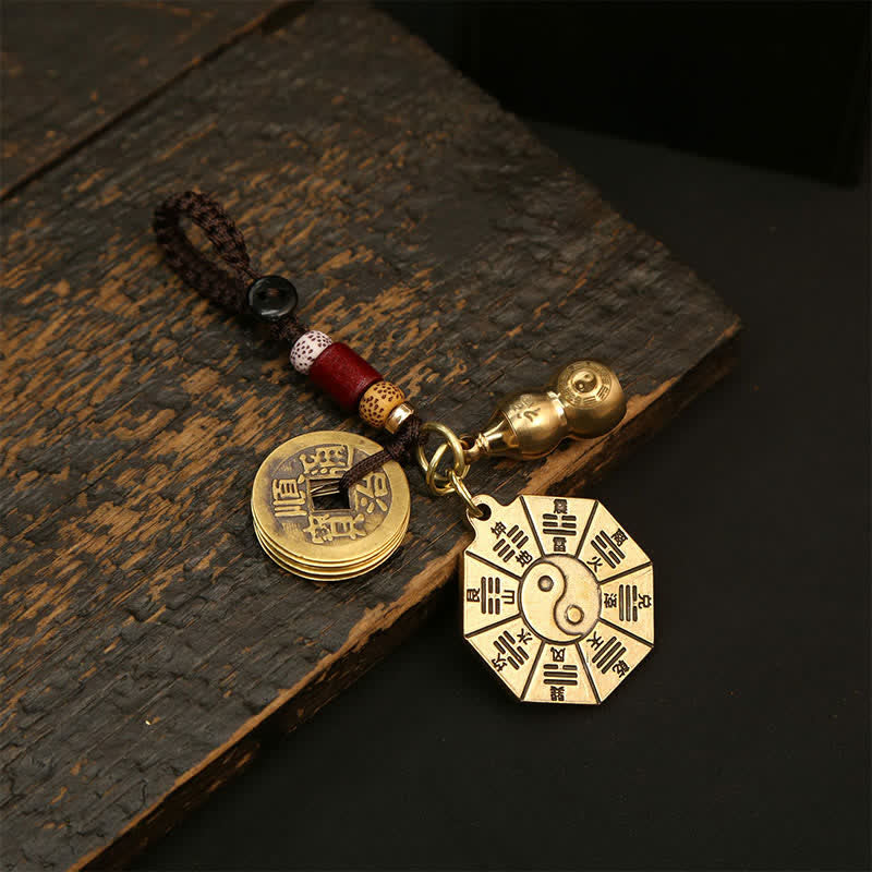 Buddha Stones Zabytkowy mosiężny wisiorek Bagua Pi Xiu z pięcioma monetami cesarza, breloki ochronne Yin Yang - Tabliczka bagua z tykwą i pięcioma monetami cesarskimi - image 3