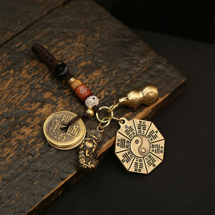 Buddha Stones Zabytkowy mosiężny wisiorek Bagua Pi Xiu z pięcioma monetami cesarza, breloki ochronne Yin Yang - Bagua z tykwą, pięcioma monetami cesarza i Pi Xiu - image 4