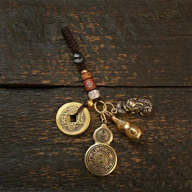 Buddha Stones Mosiężna tykwa Bagua Pi Xiu, wisiorek z pięcioma monetami cesarza, amulet ochronny, brelok - Dwa modele tykw bagua z Pi Xiu i pięcioma monetami cesarza - image 4