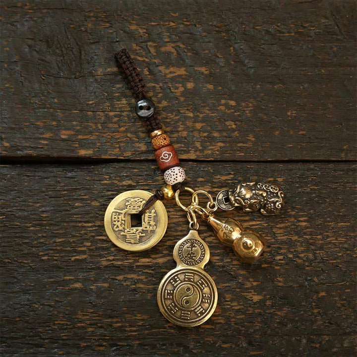 Buddha Stones Mosiężna tykwa Bagua Pi Xiu, wisiorek z pięcioma monetami cesarza, amulet ochronny, brelok - Dwa modele tykw bagua z Pi Xiu i pięcioma monetami cesarza - image 4