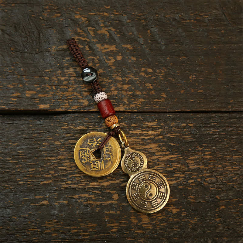 Buddha Stones Mosiężna tykwa Bagua Pi Xiu, wisiorek z pięcioma monetami cesarza, amulet ochronny, brelok - Monety Pięciu Cesarzy z Tykwy - image 2